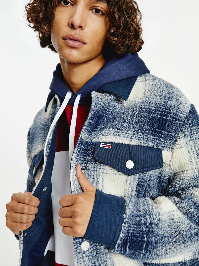 Férfi Tommy Hilfiger Recycled sherpa check trucker Kabát Kék Fehér | HU 1202UZG